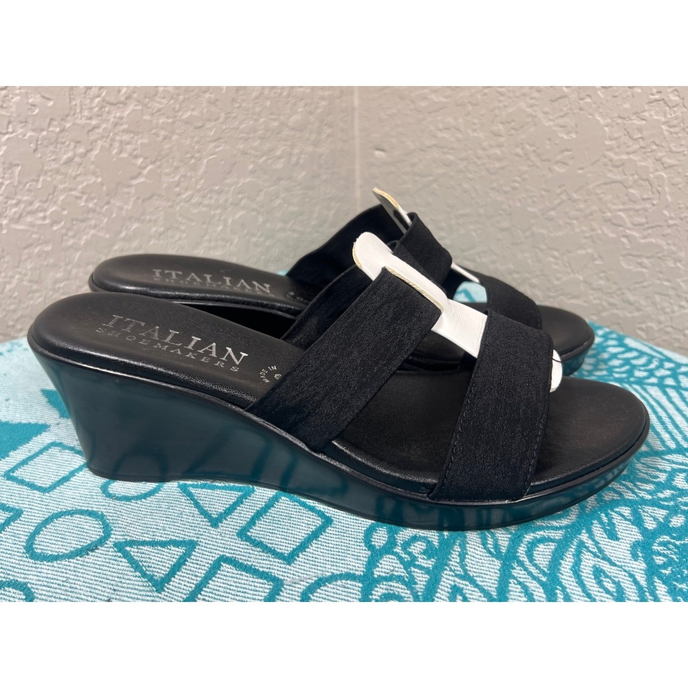 Italian Shoemakers Womens Black White Elastic Strap Wedge Slide Sandals Size 8